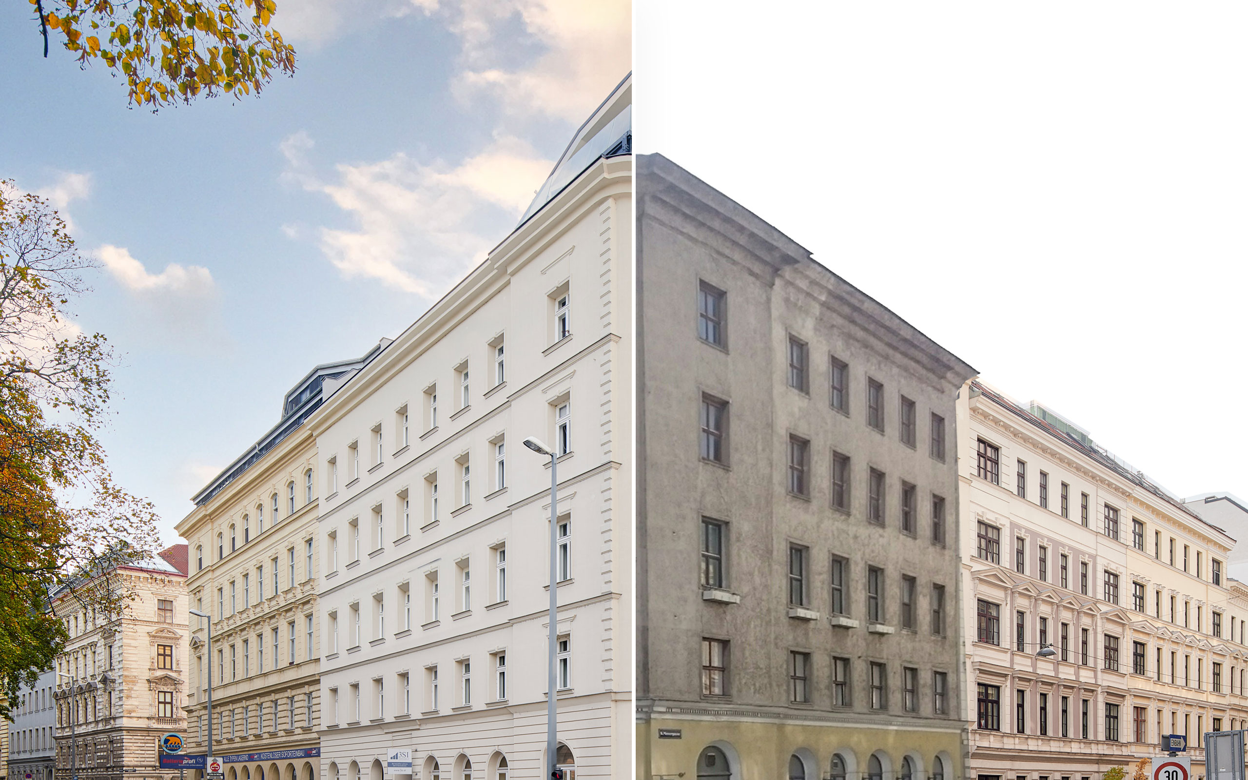 Saniertes Zinshaus der 3SI Immogroup in der Rossauer Laende 17 1090 Wien im direkten Vorher-Nacher Vergleich