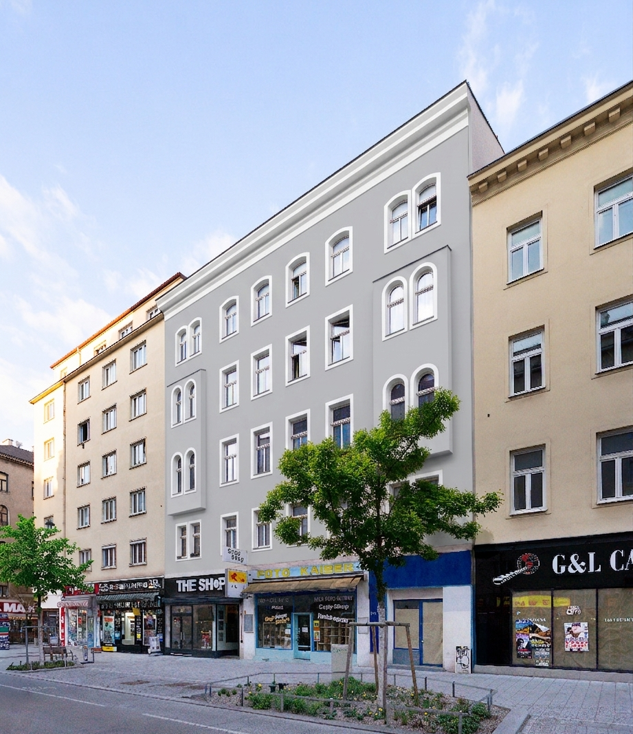 Straßenansicht des Projekts in der Reinprechtsdorfer Straße: Gefragte Lage mit urbaner Infrastruktur und hervorragender Anbindung.