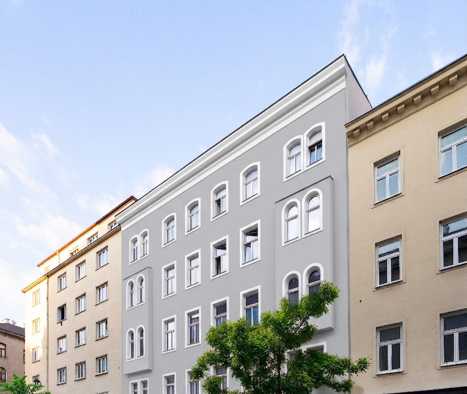 Straßenansicht des Projekts in der Reinprechtsdorfer Straße: Gefragte Lage mit urbaner Infrastruktur und hervorragender Anbindung.