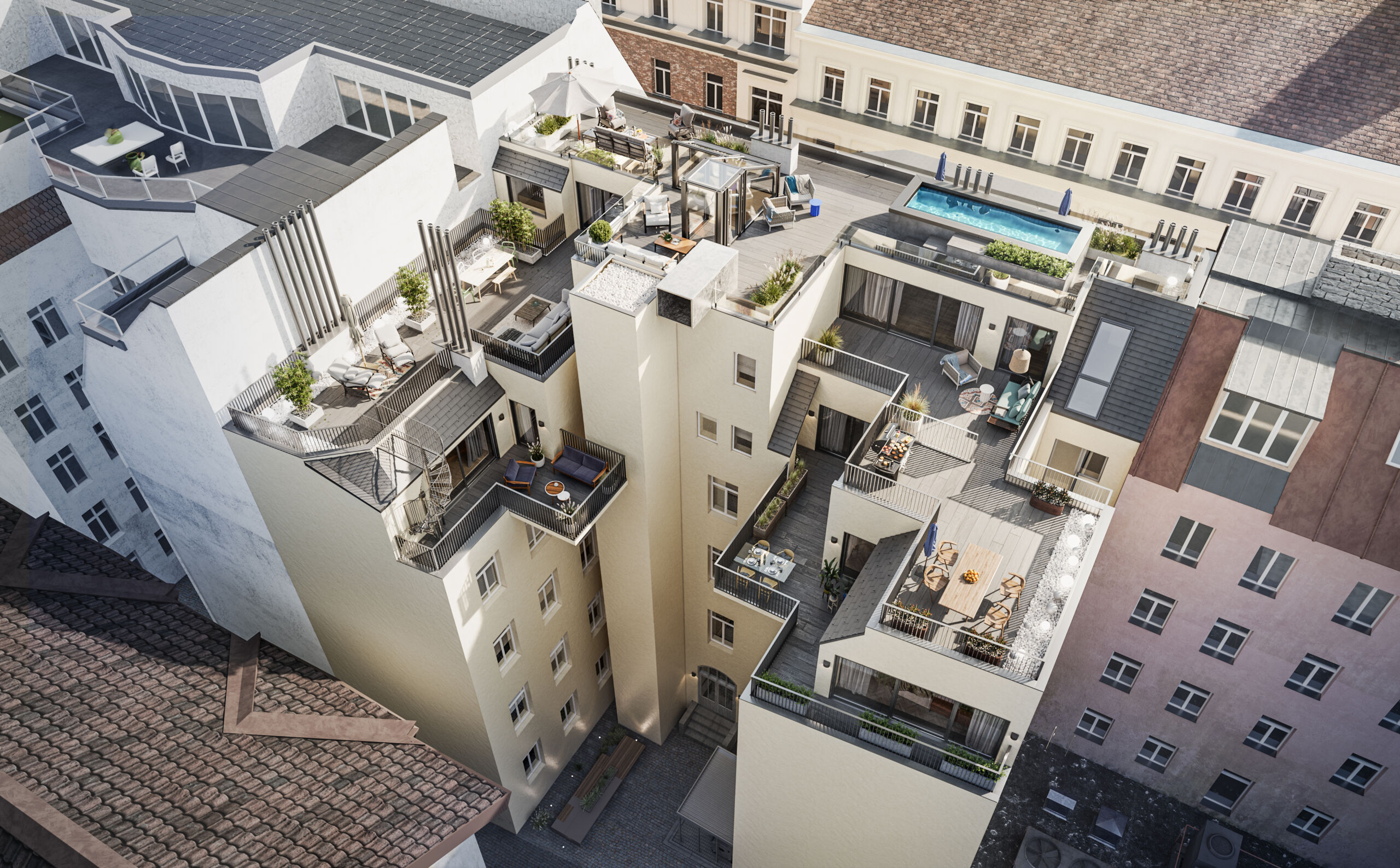 Das Dachgeschoß des 1884 errichteten Gründerzeithauses wird ausgebaut, 500 m2 neue Wohnfläche werden dadurch geschaffen.