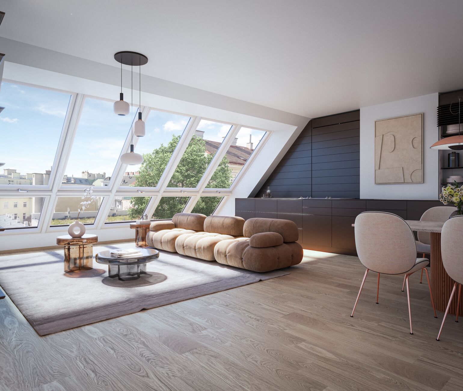 Lichtdurchflutete Dachgeschoßwohnung in der Schumanngasse: Großzügige Fensterflächen und moderne Architektur schaffen ein exklusives Wohnambiente.