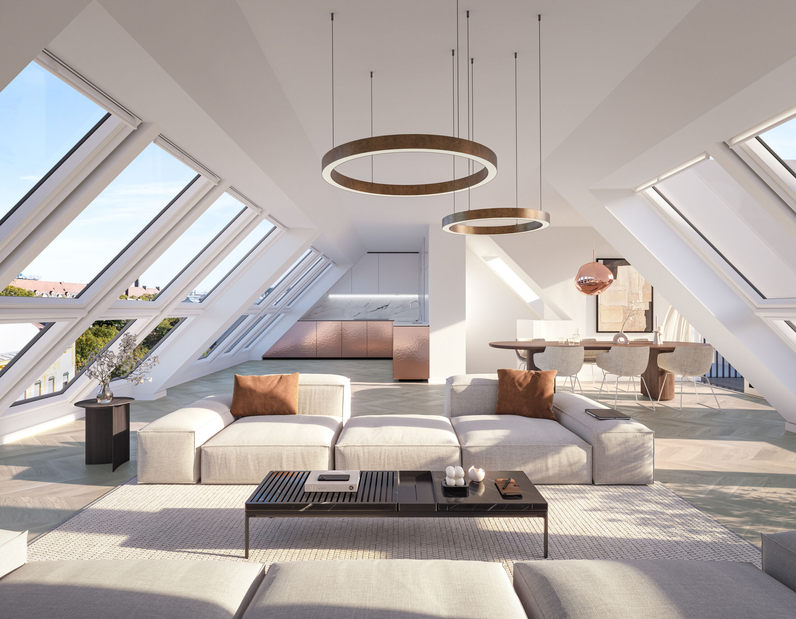 Feierlicher Moment über den Dächern Wiens: Zahlreiche Gäste, Partner und Wegbegleiter versammelten sich im Rahmen der Dachgleiche, um den Baufortschritt des stilvollen Altbauprojekts PRUNKSTÜCK in der Tendlergasse 3 zu feiern.