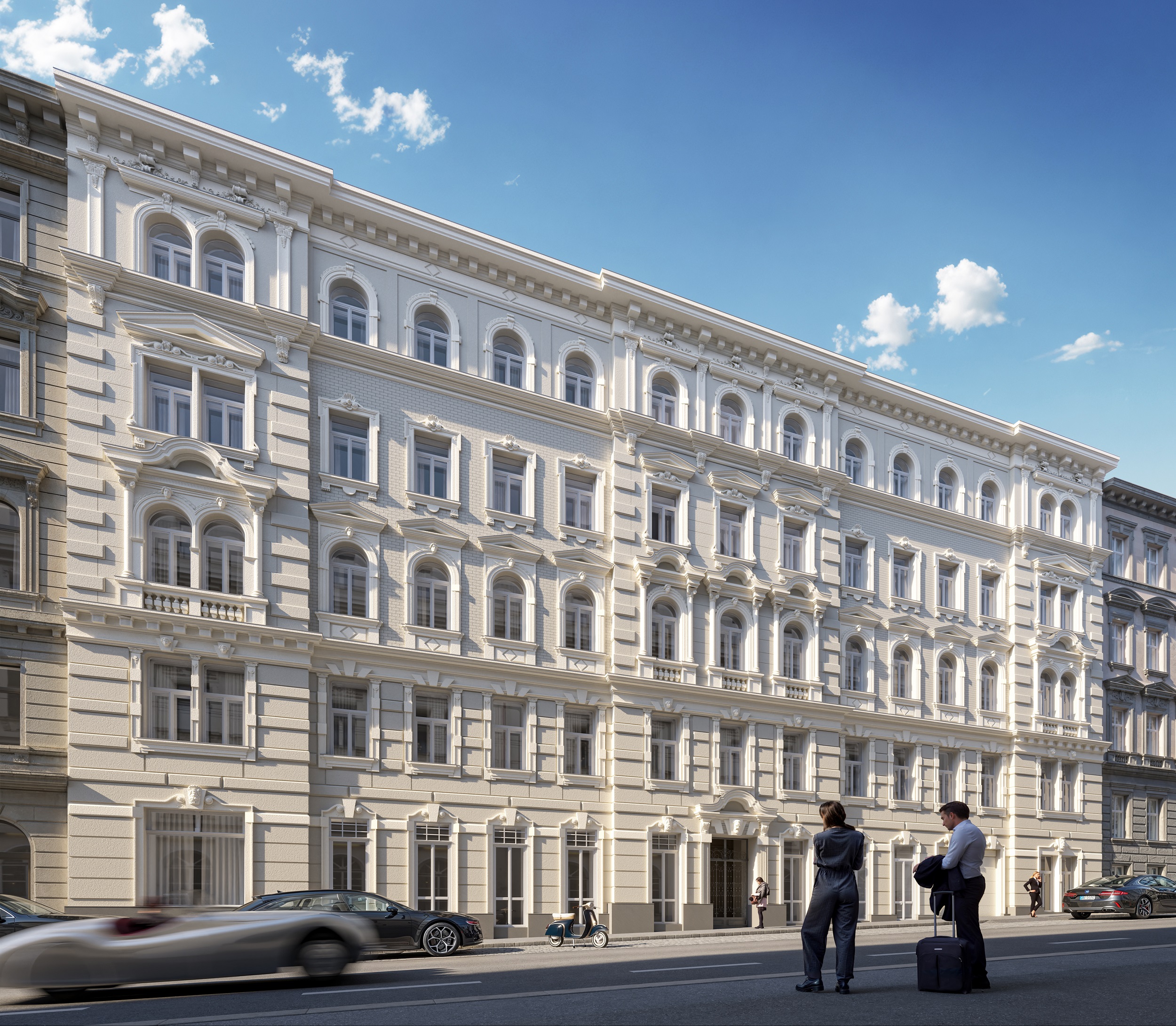 Prunkvolle Gründerzeitfassade: Die detailgetreu restaurierte Stuckfassade unterstreicht die historische Eleganz des Stilaltbaus.