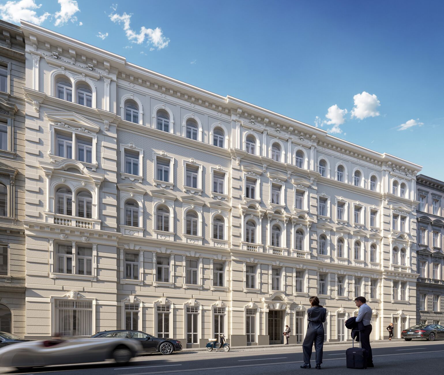Prunkvolle Gründerzeitfassade: Die detailgetreu restaurierte Stuckfassade unterstreicht die historische Eleganz des Stilaltbaus.