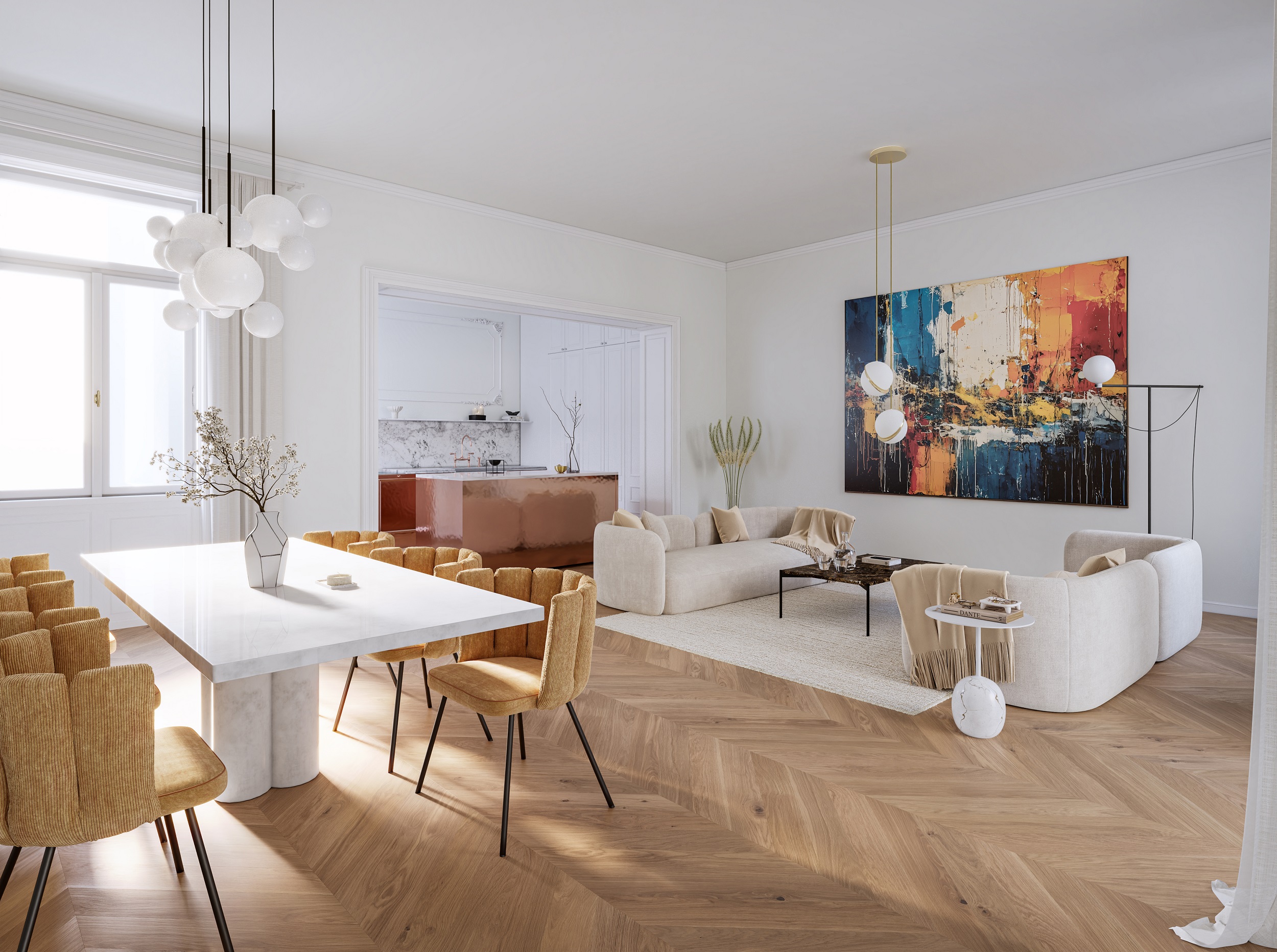 Stilvoller Wohnkomfort: Edles Fischgrätparkett, elegante Bäder und moderne Wohnkonzepte vereinen Tradition und Moderne.