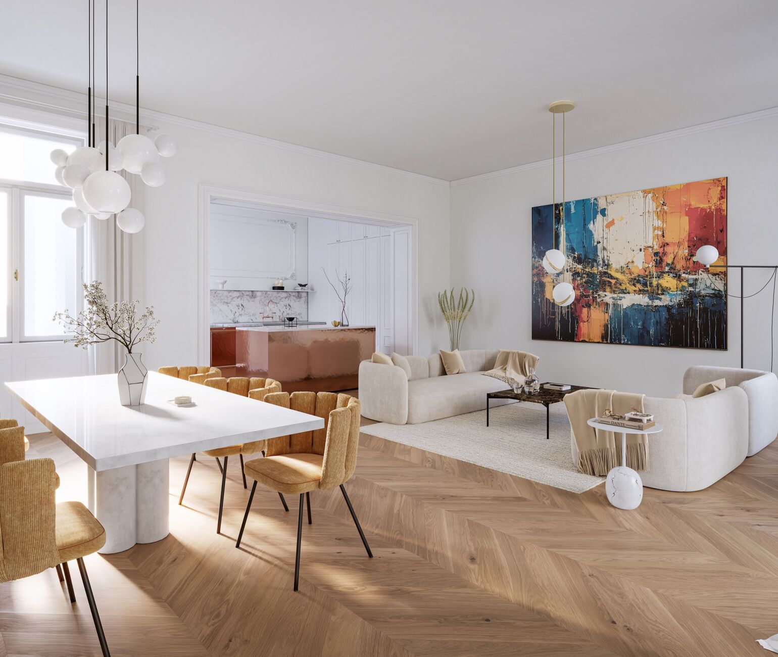 Stilvoller Wohnkomfort: Edles Fischgrätparkett, elegante Bäder und moderne Wohnkonzepte vereinen Tradition und Moderne.
