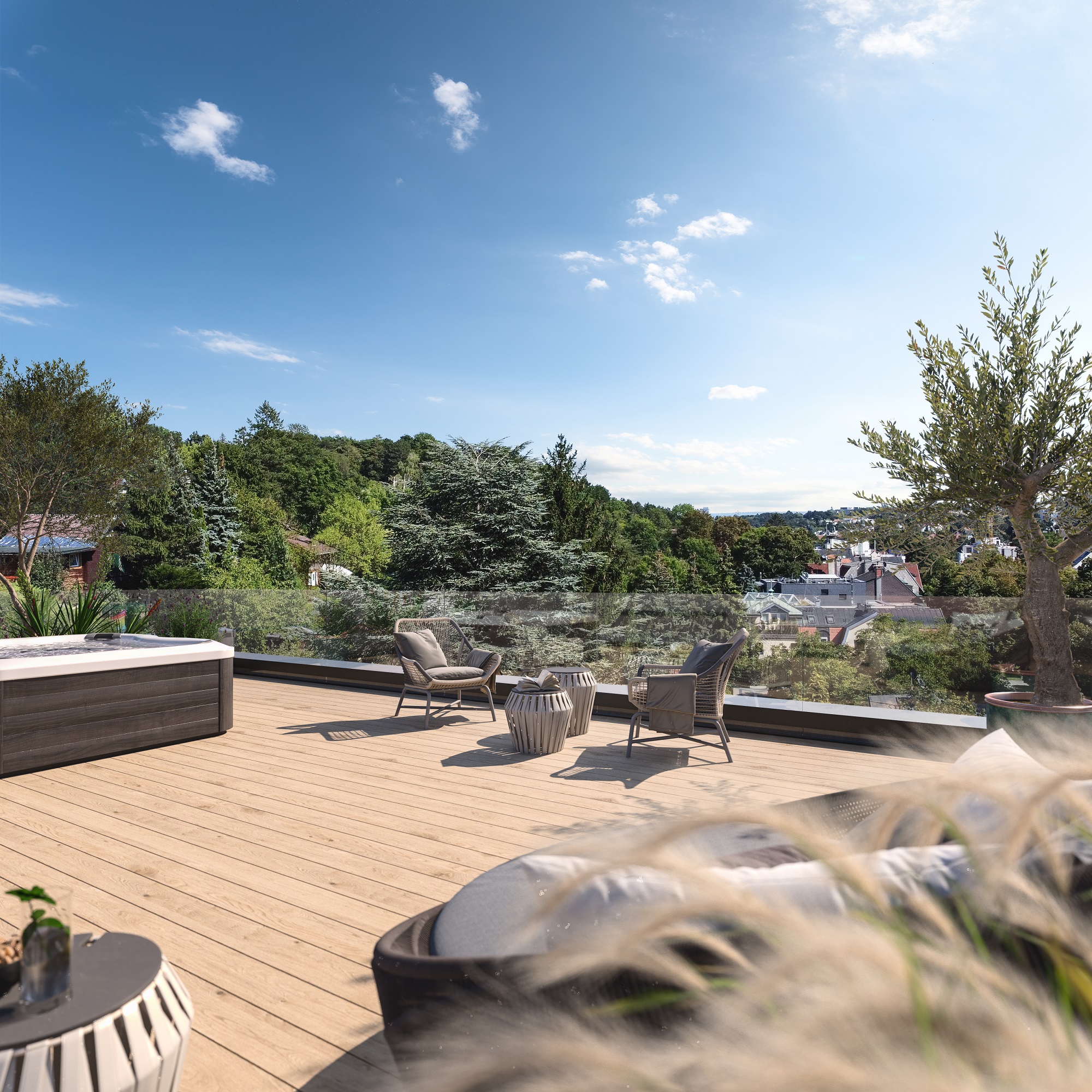 Die Dachterrasse des Penthouses begeistert neben einem 360°-Ausblick auch mit einem privaten Outdoor-Whirlpool.