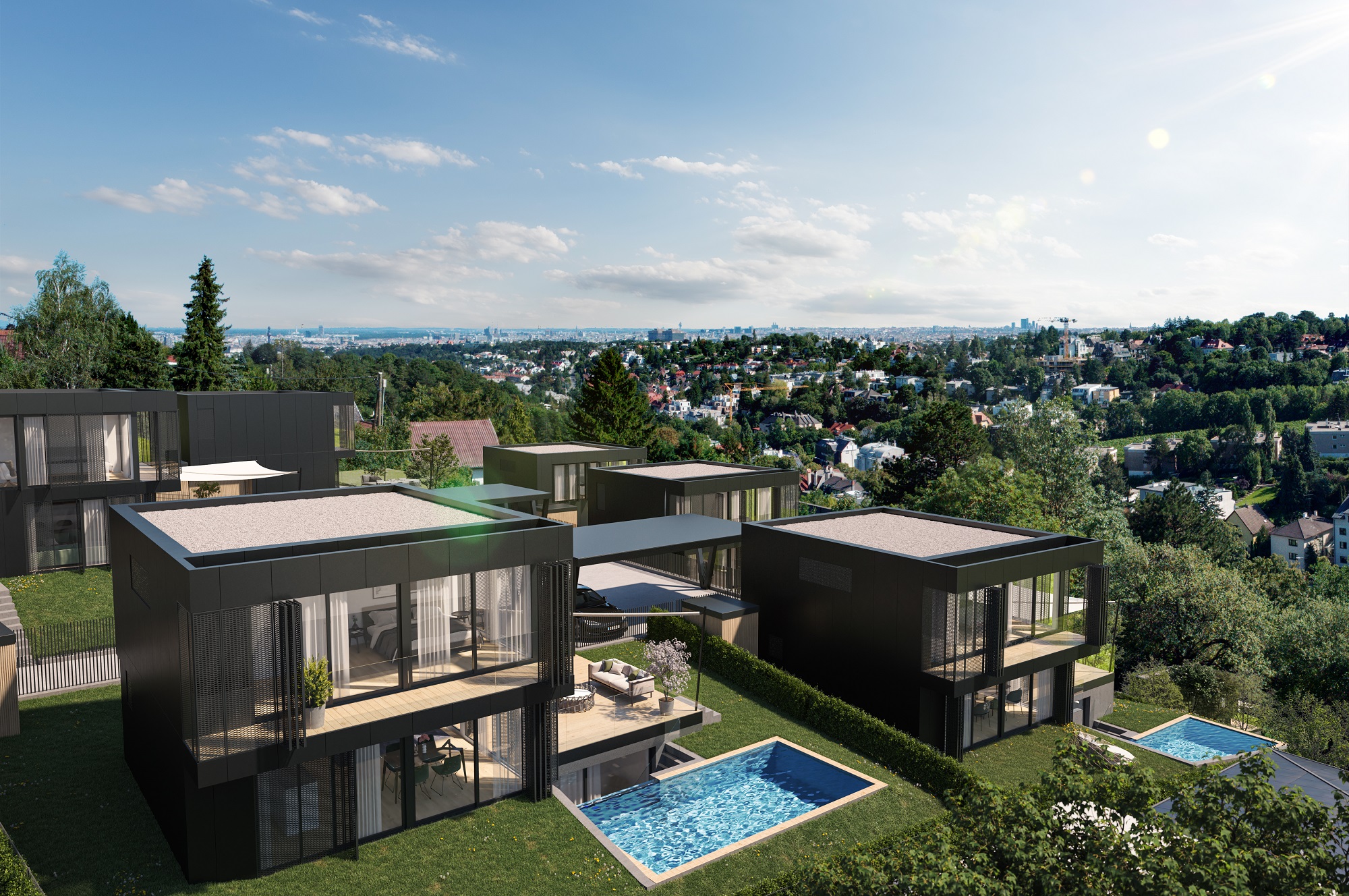 Das aktuelle Luxus-Neubauprojekt der 3SI Immogroup: 17 exklusive Villen werden bis Sommer 2023 am Döblinger Hackenberg errichtet. 