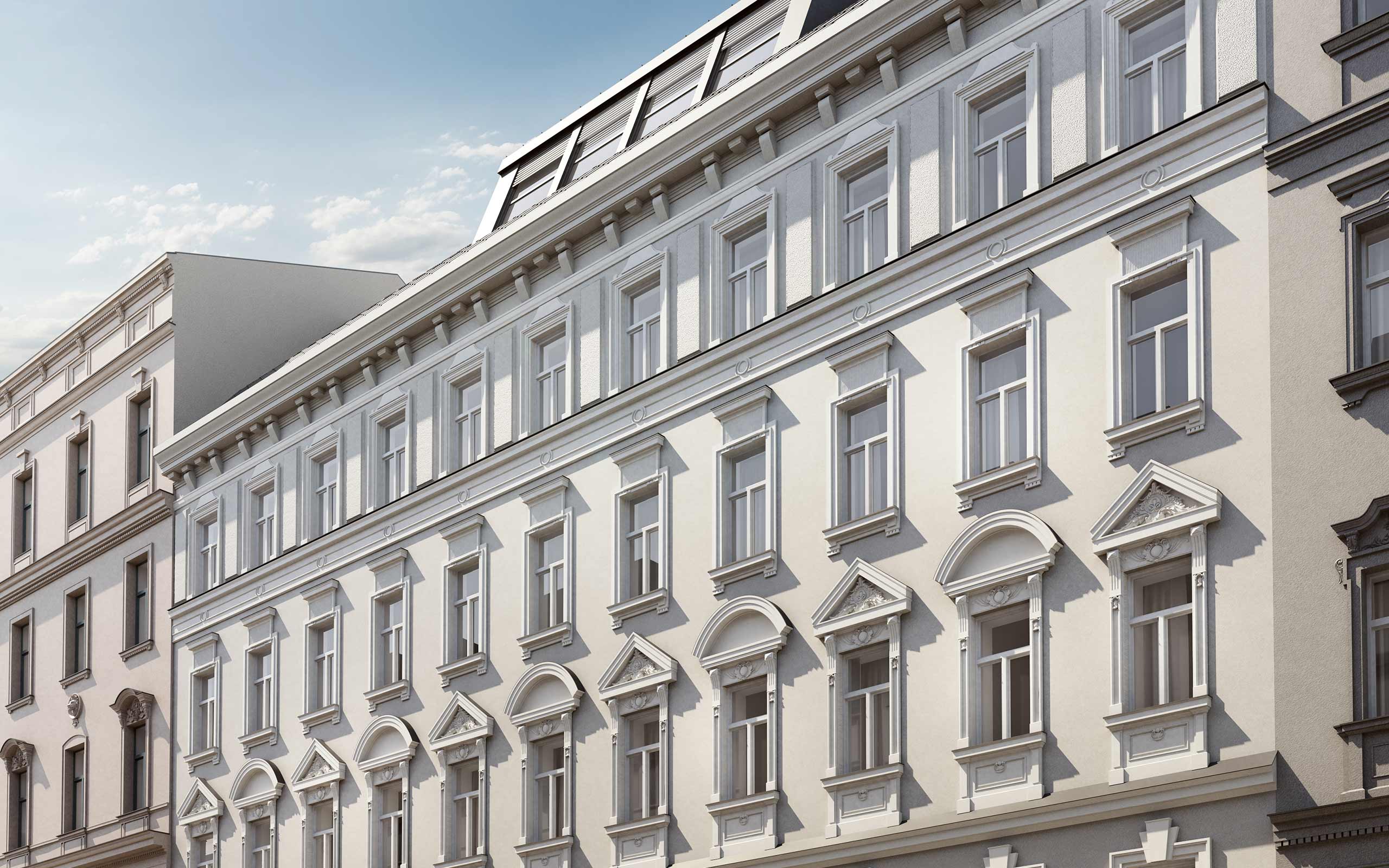 Prunkvolle Außenfassade des Zinshauses Josefin Blindengasse 39 1080 Wien