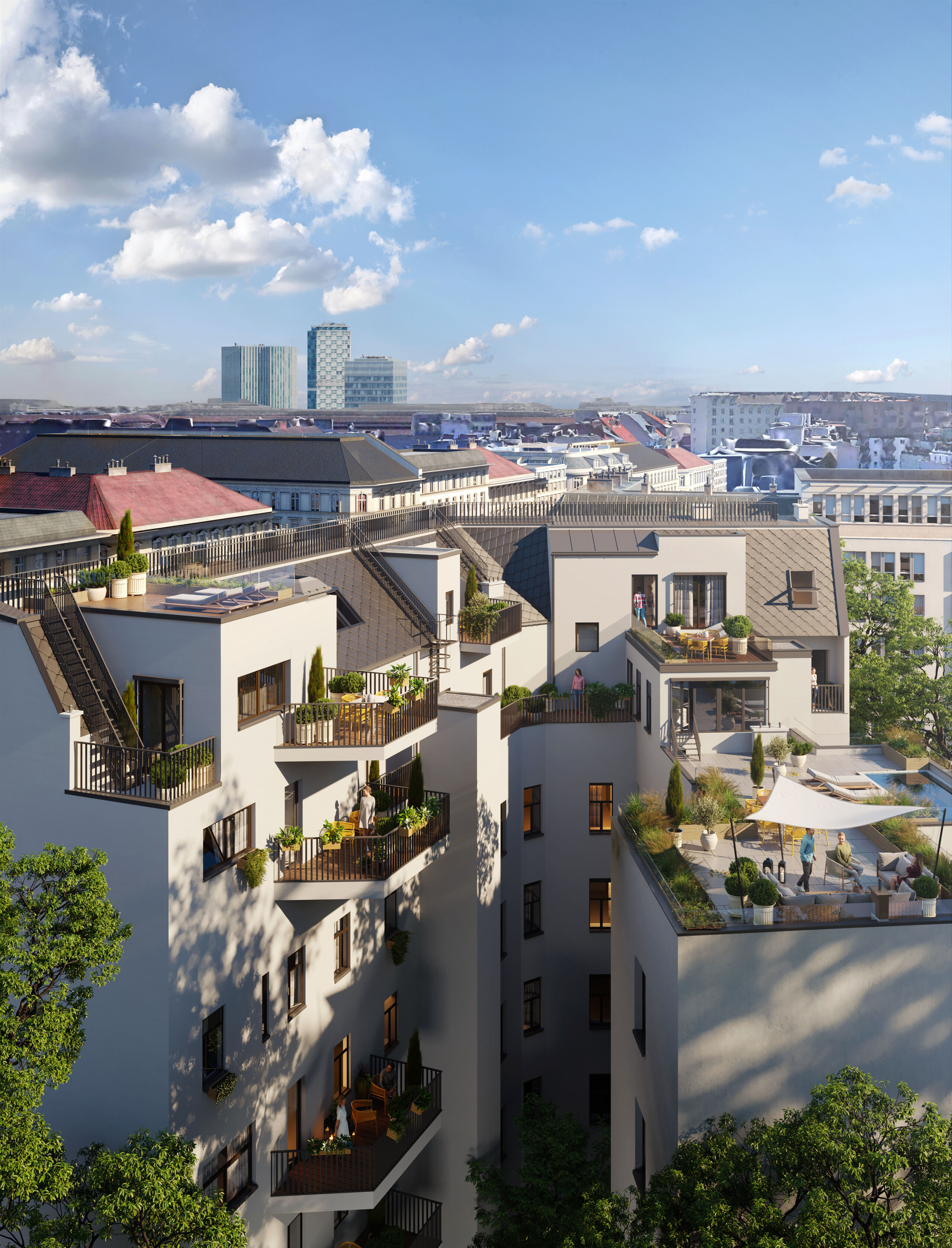 Neben dem Anschluss an das Wiener Fernwärmenetz und hochwertiger Sanierung aller Objekte werden die Wohnungen durch neu geschaffene Freiflächen aufgewertet. 