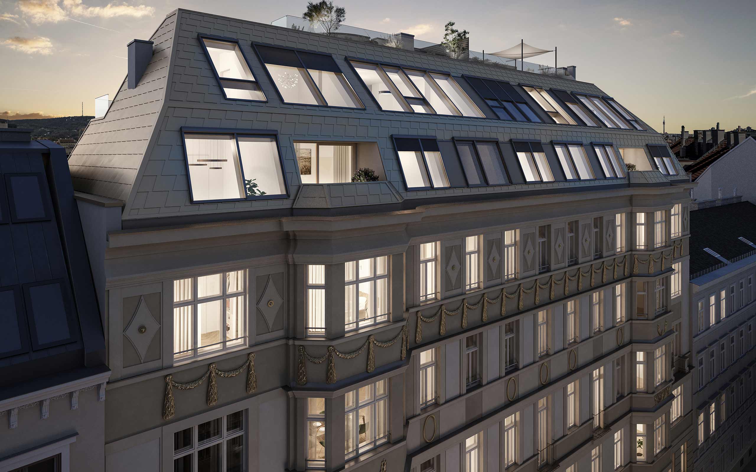 Die prunkvolle Fassade erstrahlt nach der Revitalisierung in neuem Glanz im Zinshaus The Masterpiece Skodagasse 15 1080 Wien
