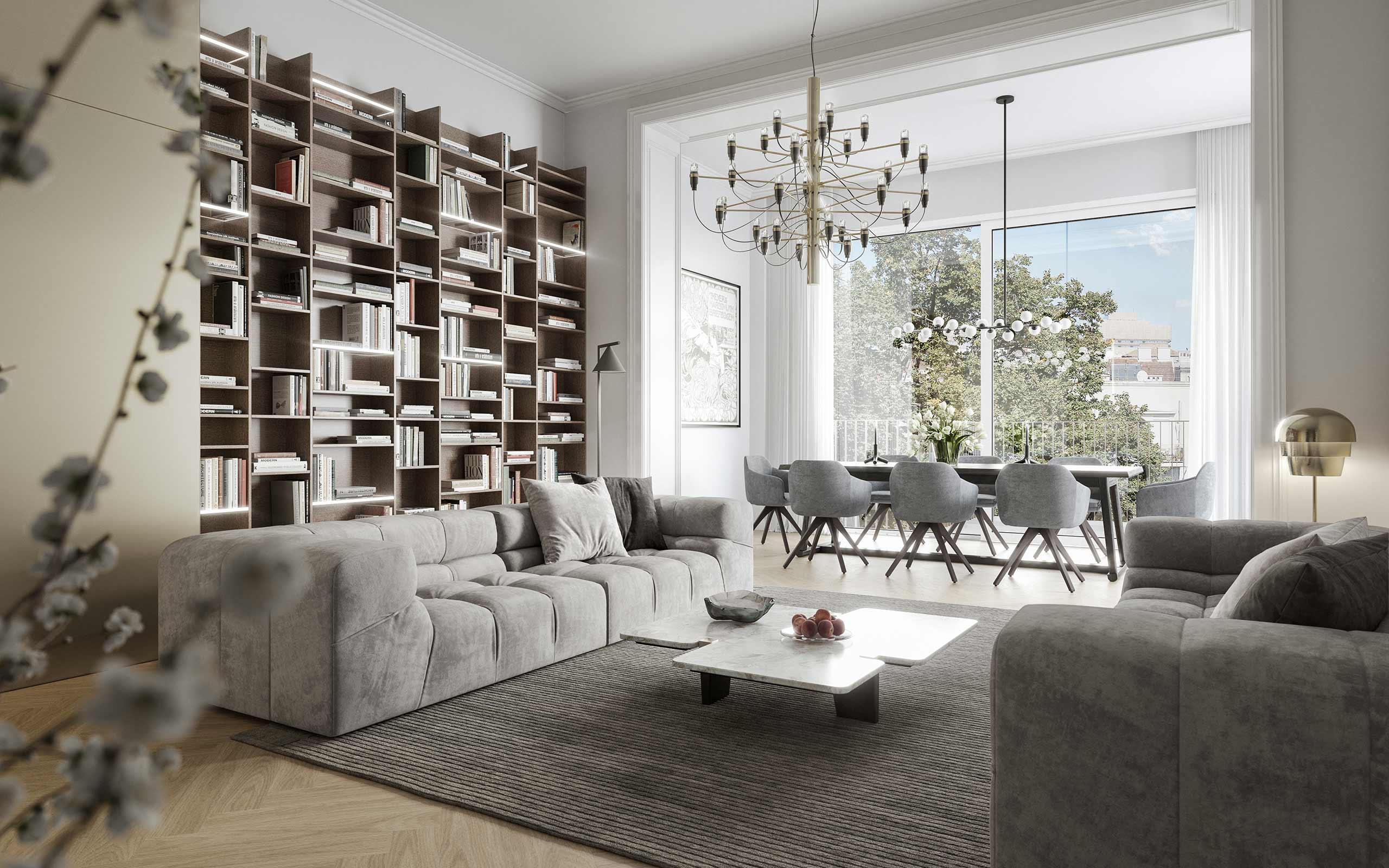 Stilvoll eingerichtetes Wohnzimmer im Zinshaus The Masterpiece Skodagasse 15 1080 Wien