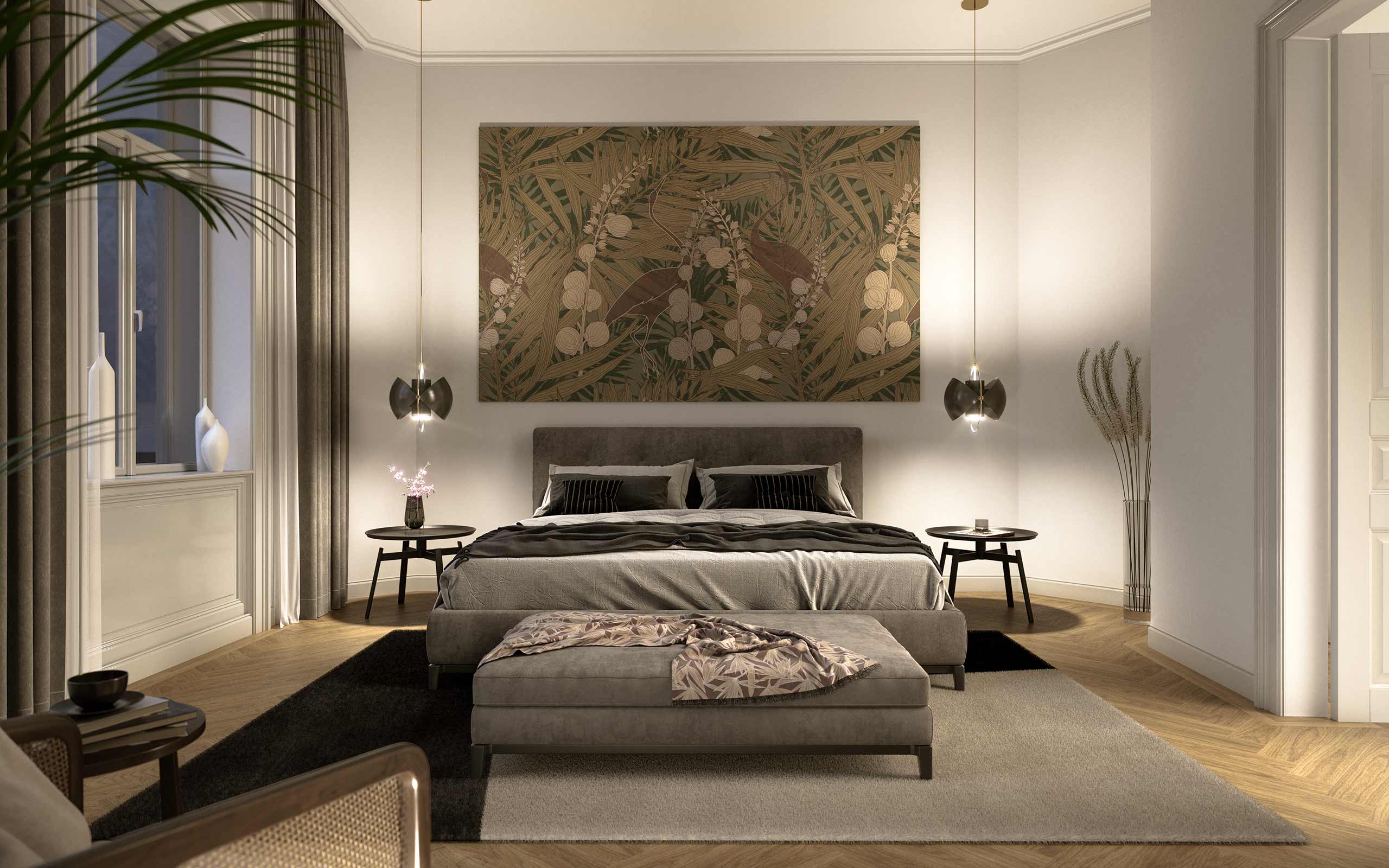 Gemütliches Schlafzimmer in den Altbauwohnungen des Zinshausprojektes The Masterpiece Skodagasse 15 1080 Wien