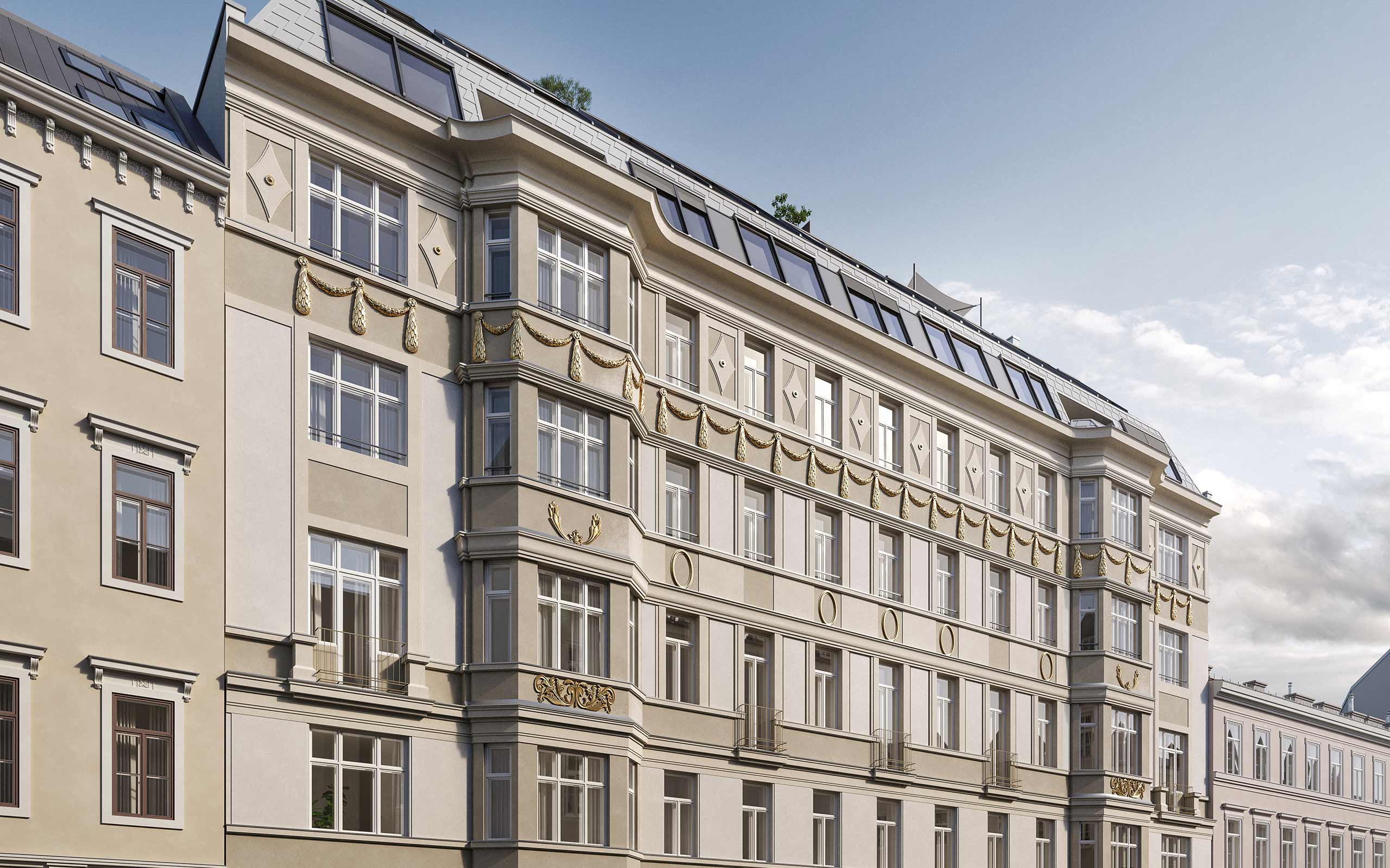Strukturfassade nach der Revitalisierung durch den Zinshausentwickler 3SI Immogroup beim Zinshaus The Masterpiece Skodagasse 15 1080 Wien