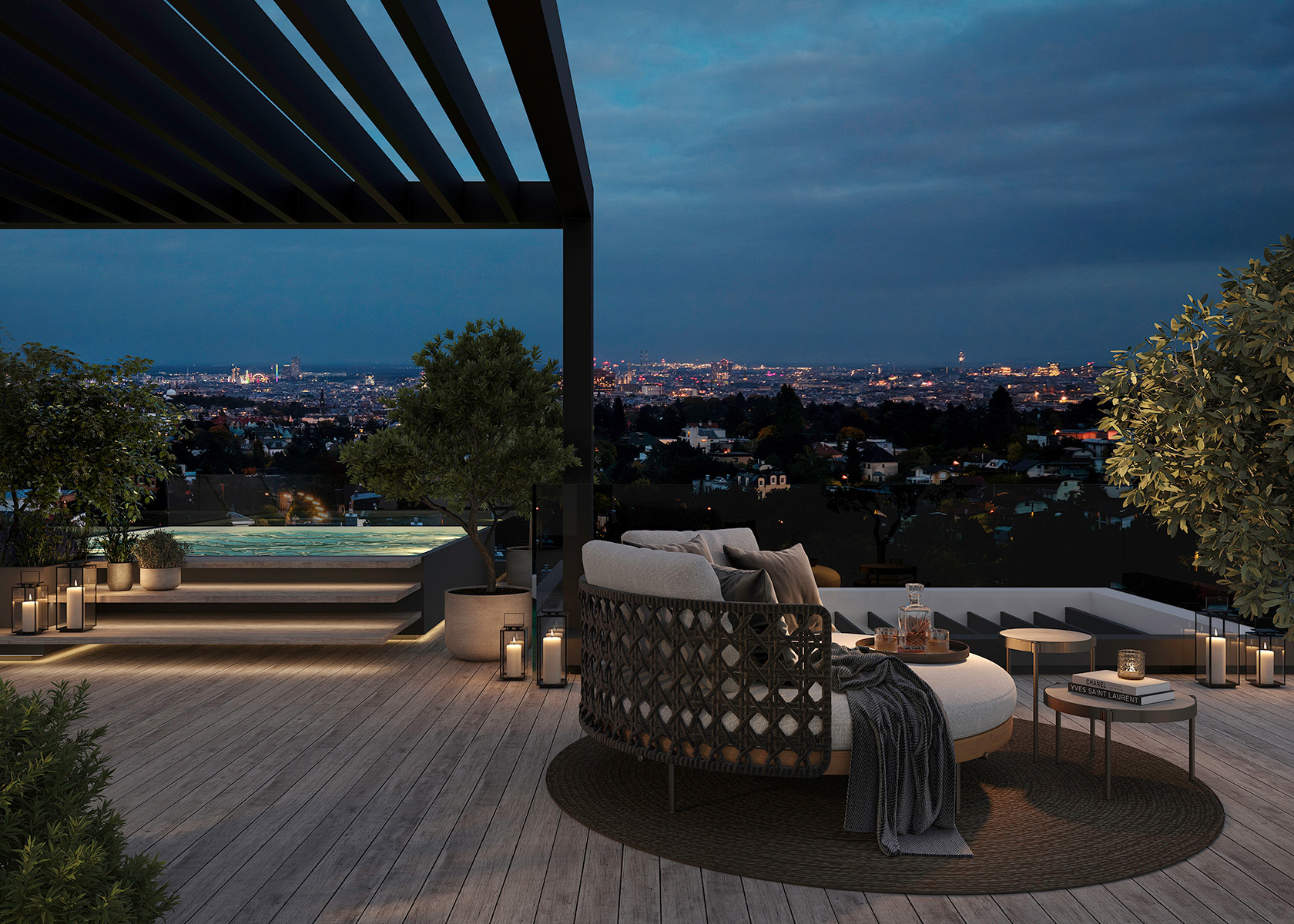 Weitläufige Dachterrassen eröffnen spektakuläre Ausblicke über die Skyline Wiens und schaffen ein außergewöhnliches Wohnerlebnis.