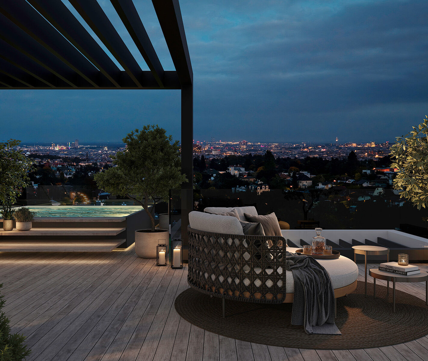 Weitläufige Dachterrassen eröffnen spektakuläre Ausblicke über die Skyline Wiens und schaffen ein außergewöhnliches Wohnerlebnis.