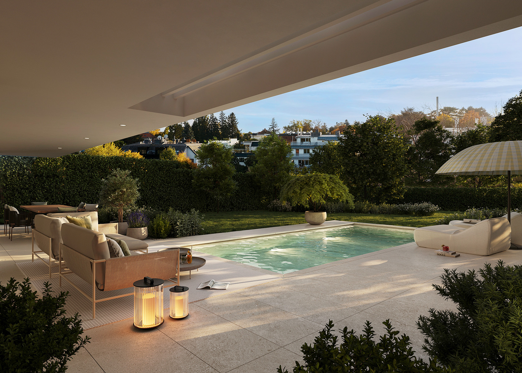 Private Gärten und Pools sorgen für luxuriösen Wohnkomfort und schaffen eine harmonische Verbindung zwischen Architektur und Natur.