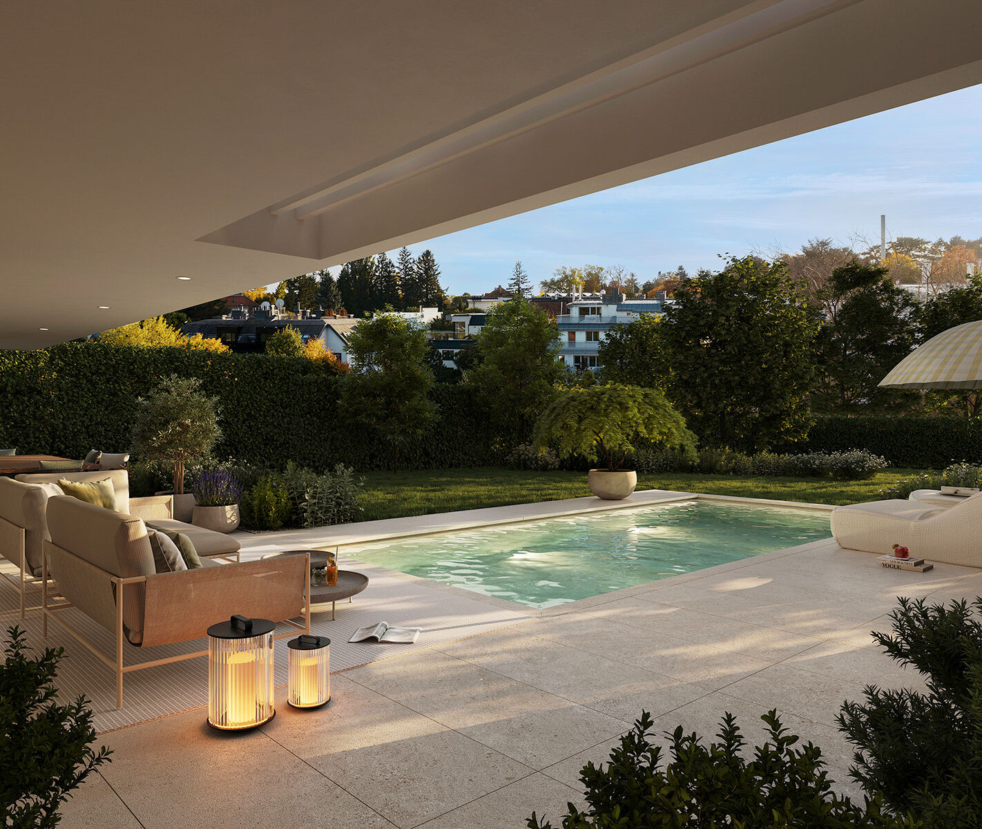 Private Gärten und Pools sorgen für luxuriösen Wohnkomfort und schaffen eine harmonische Verbindung zwischen Architektur und Natur.