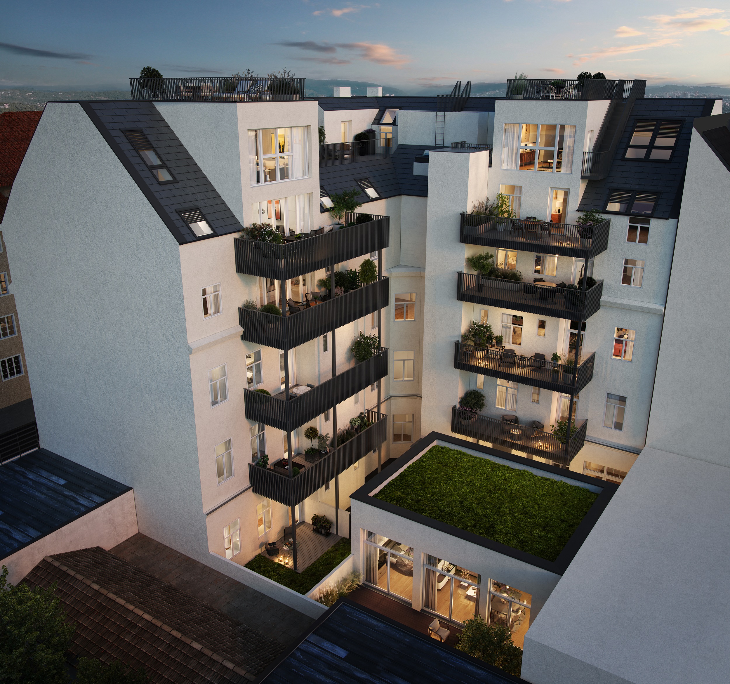 Die neu errichteten Freiflächen in Form von Balkonen, Terrassen und Eigengärten versprechen angenehme Stunden mit Blick in den ruhigen Innenhof.
