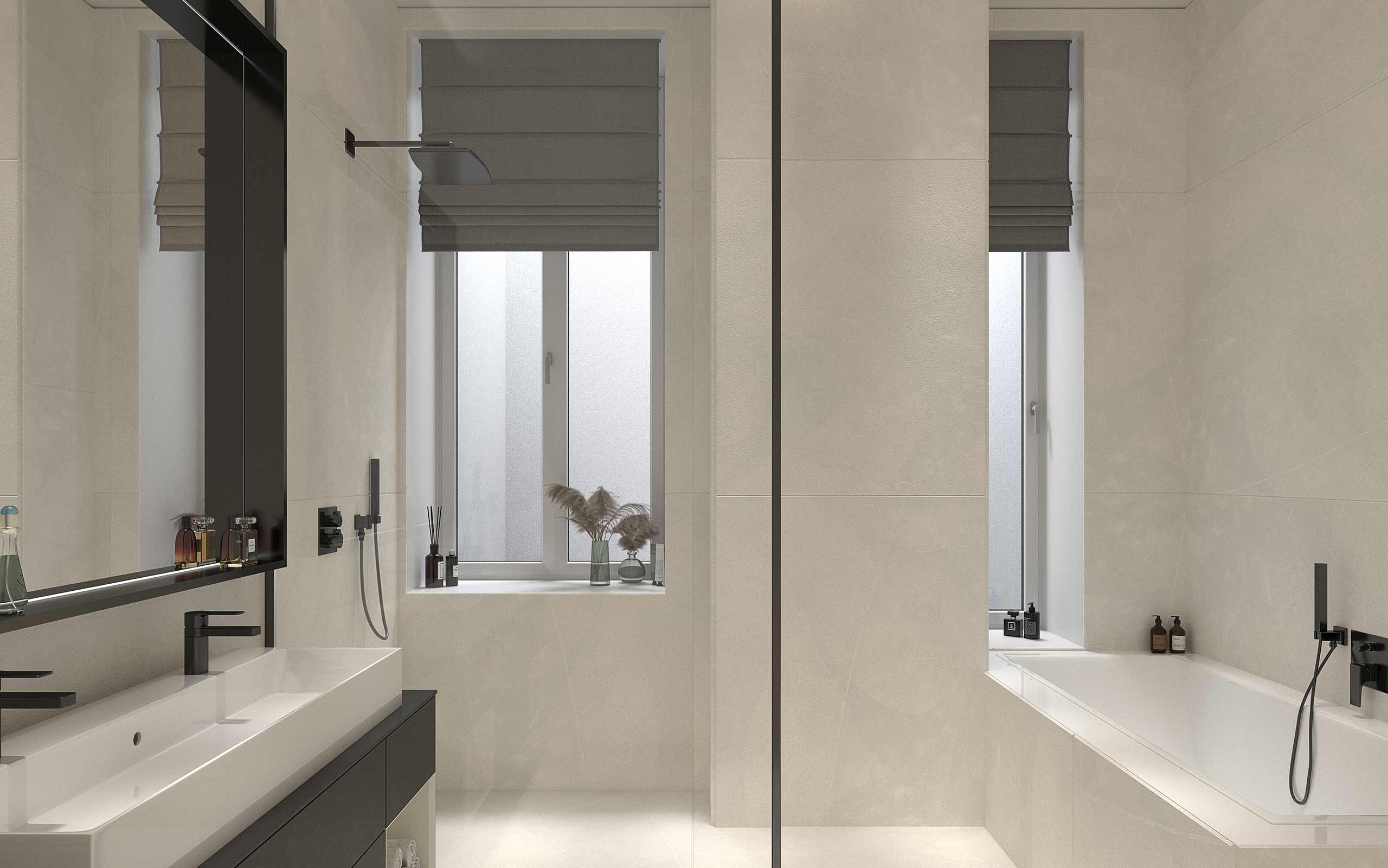 Elegantes und modernes Badezimmer in den Altbauwohnungen im Zinshausprojekt The Masterpiece Skodagasse 15 1080 Wien